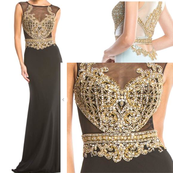 ASPEED SZ S black gold hand beaded mesh sleeveless cutout formal gown NWT B163 - Picture 2 of 12